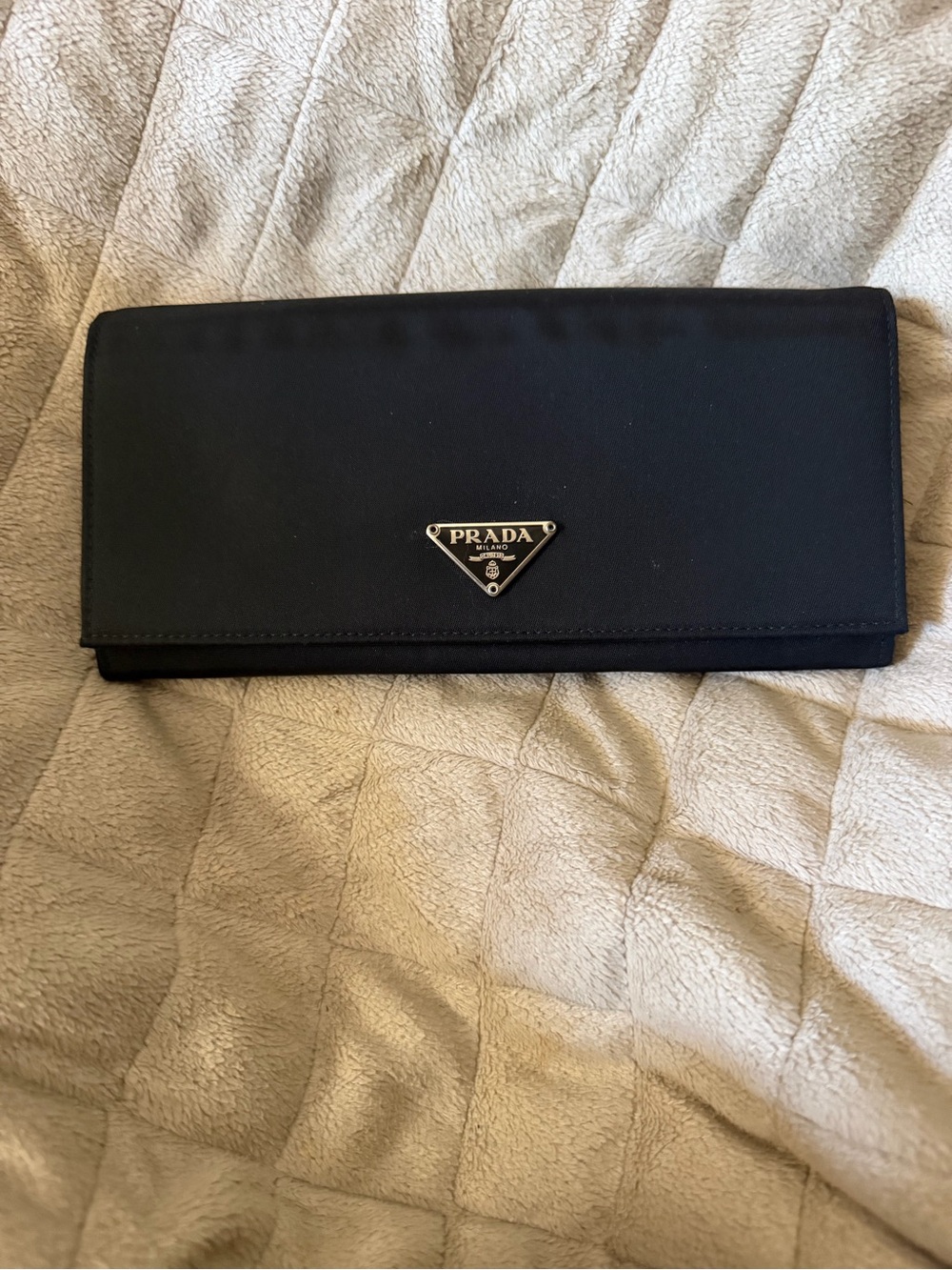 PRADA Black Nylon & Saffiano Leather Bi-Fold Long Wallet w/Silver Triangle Logo